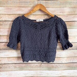 Natural Life Women's Dark Gray Out & About Crochet Puff Sleeve Sweater XS